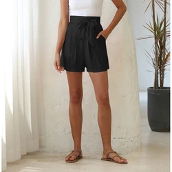 Calções femininos estilo coreano casual chique simples de alta qualidade das mulheres all match solto elástico cintura sólida faixas roupas elegantes