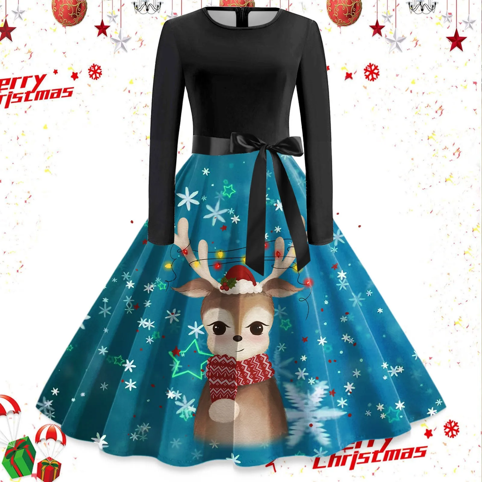 

Women Christmas Long Sleeve Print Santa Wine Cup Snowflake Holiday Round Neck Dress Womens Casual Summer Dress