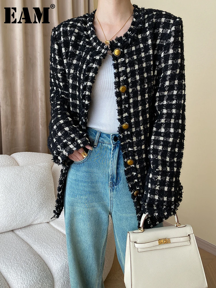 

[EAM] Loose Fit Black Plaid Big Size Tweed Jacket New O-neck Long Sleeve Women Coat Fashion Tide Spring Autumn 2023 1DH0291