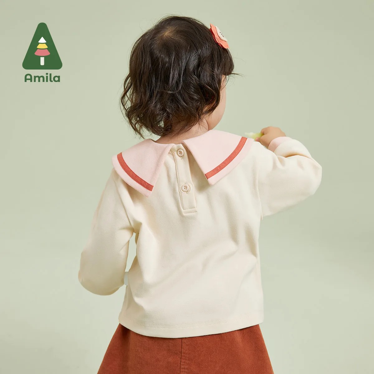 Amila T-shirt For Girls Autumn Fabric Lapel Cat Shaped Bishop Sleeve Cotton Fashion Breathable Children Clothes