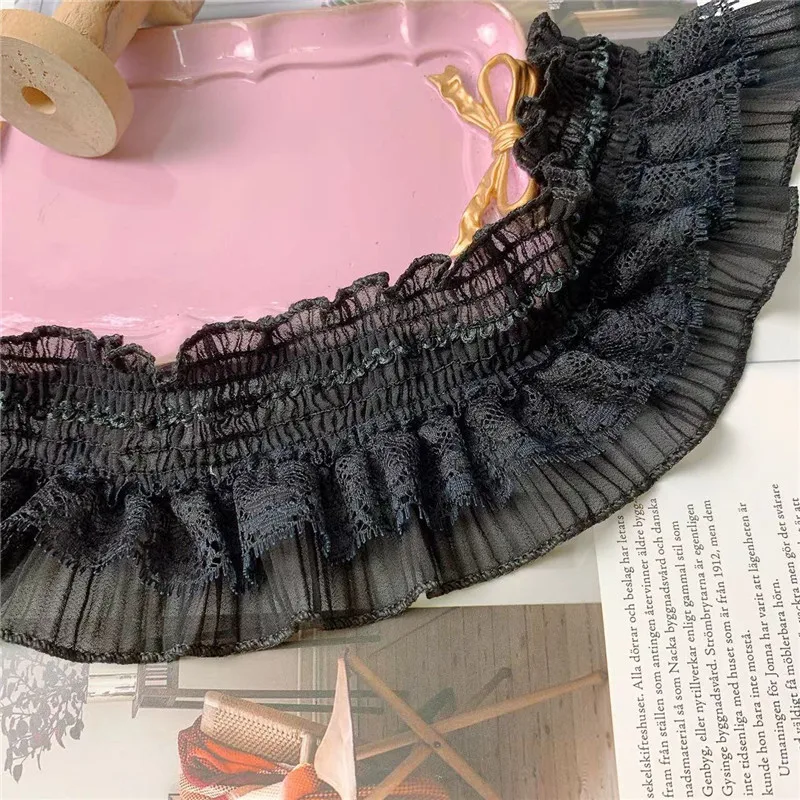 Tessuto di pizzo plissettato 3D in chiffon, nastro con frange arricciate, abo con volant, tende con orlo, decorazioni per cucire, bianco nero, 14 cm Wi  15