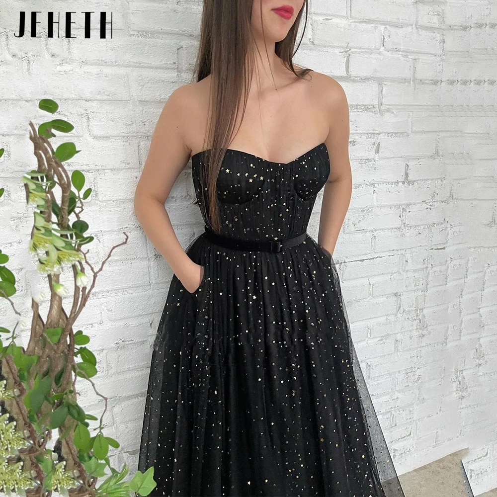 JEHETH Black Starry Strapless Tulle Prom Dresses A-Line Sleeveless Maxi Formal Party Gowns with Pockets Long robes de soirée cute prom dresses