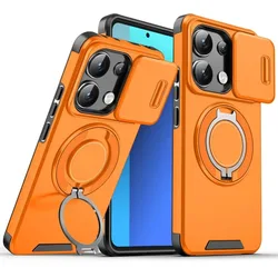 Enhanced Armor Case with 360° Rotating Magnetic Metal Ring and Car Holder - Shockproof with Slide Lens Protection for OPPO A3X 4G (Orange)