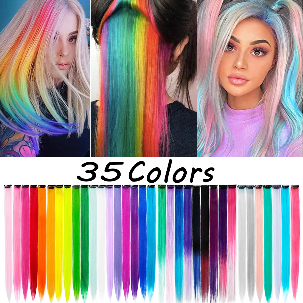 Straight Colored Clip In One Piece Hair Extensions 10 Packs 22inch Rainbow Color Synthetic Girls Fake False Clip on Hair Pieces hair extensions