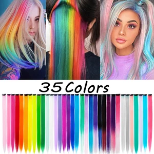 Прямые Цветные удлинители волос на клипсе, 22 дюйма, Радужный цвет, синий, розовый цвет, синтетические искусственные накладные удлинители волос для девочек