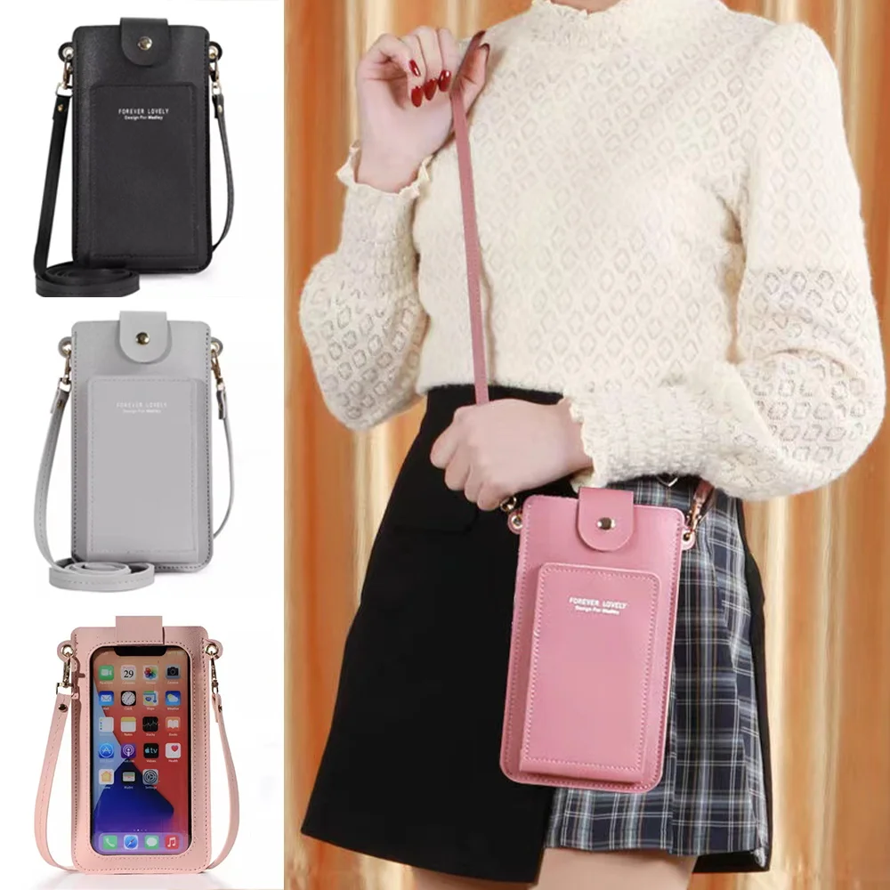 Messenger Shoulder Bags Fashion Women Bag Crossbody Pack Mini Mobile Cover Leather Clutch Cell Phone Pocket Touch Screen Handbag Mobile Phone Bag Women Messenger Bag
