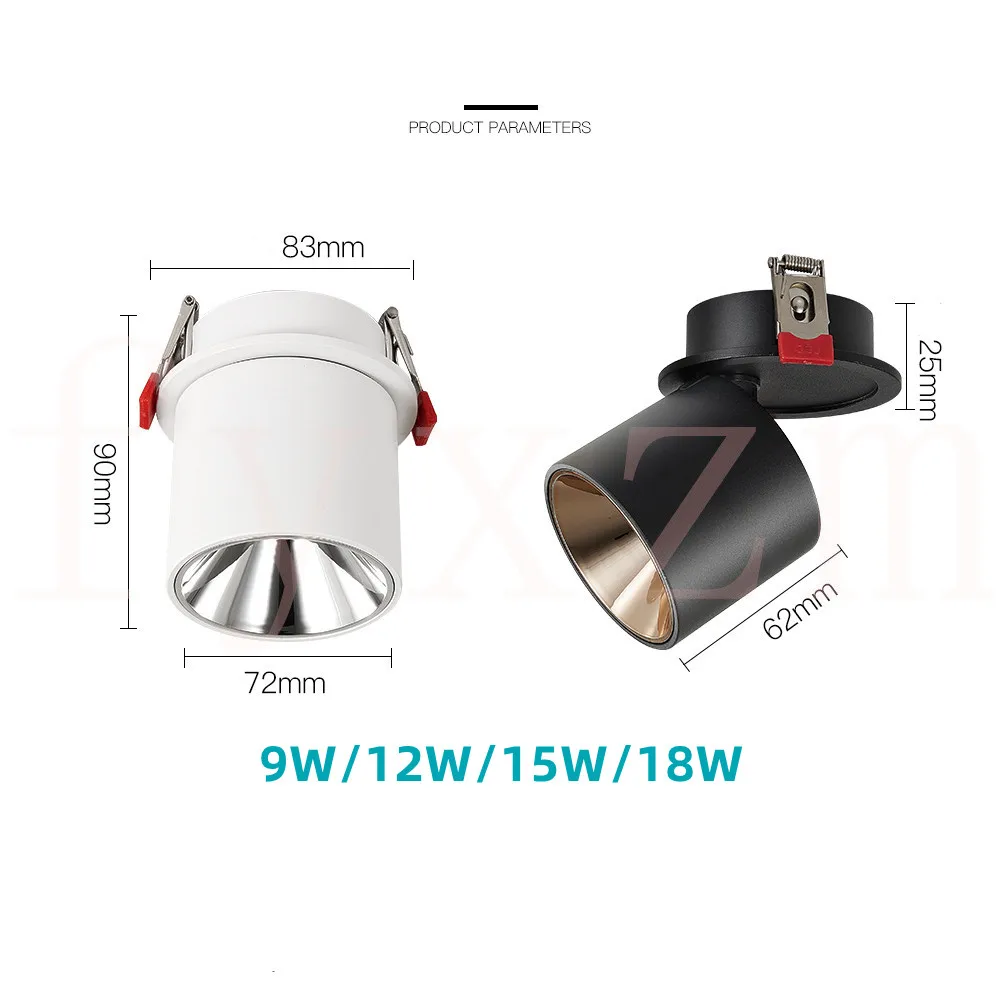 매입형 표면 장착형 통 디밍 가능 눈부심 방지 LED 9W 12W 15W18W 천장 스포트라이트 AC85265V 침실 상업용 조명