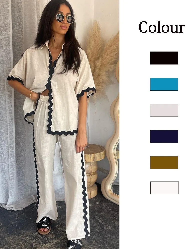 2024 Summer New Solid Color Pant Sets Women Fashion Wavy Edge Splicing Casual Short Sleeves Shirts Trousers Two Piece Set Female houzhou y2k punk black american street rock retro high waist oversized jeans women raw edge washed darkwear wide leg trousers