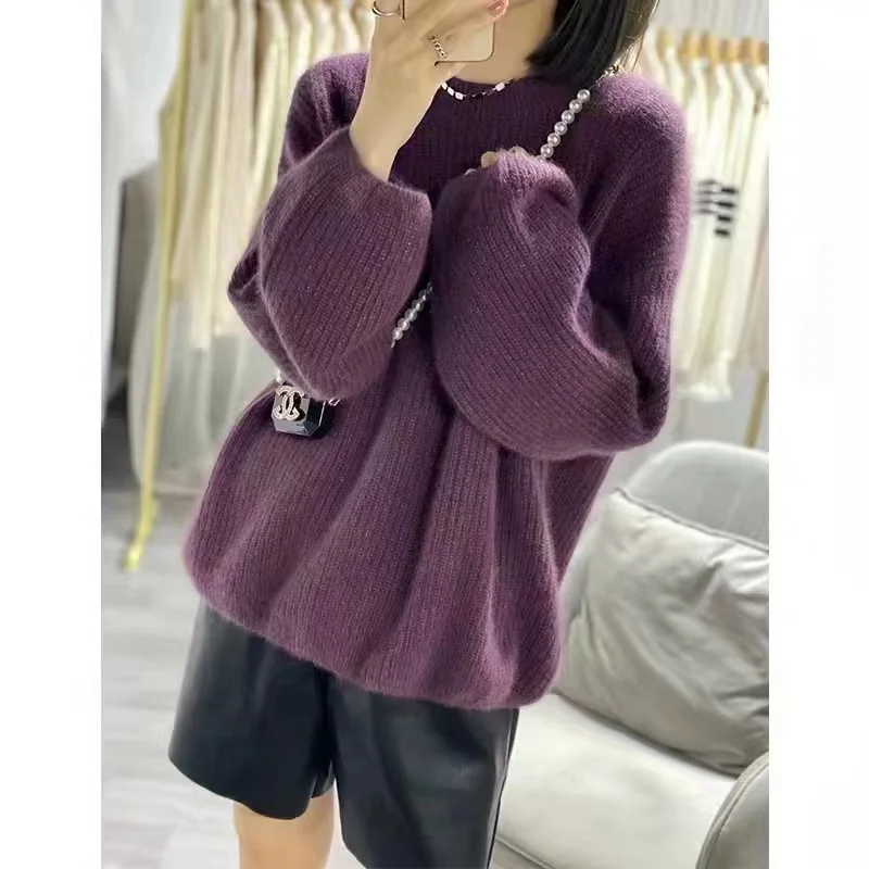 Cashmere Sweater Women O-Neck Bright dotsSweater Pure Color Knitted Pullover  Loose Lantern sleeve Cashmere Sweater Women