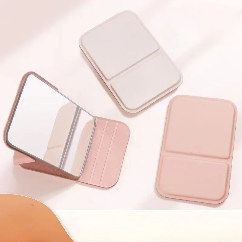Desktop Makeup Mirror Solid Color PU Leather Simple Portable Handheld Makeup Mirror Foldable Student Compact Cute Pocket Mirror 4