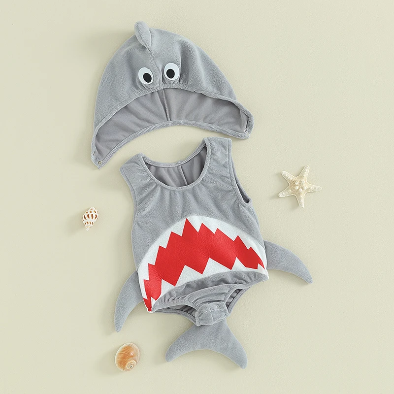Halloween Baby Shark Costume Rompers Infant Boys Girls Mouth Print Sleeveless Bodysuit with Hat 2