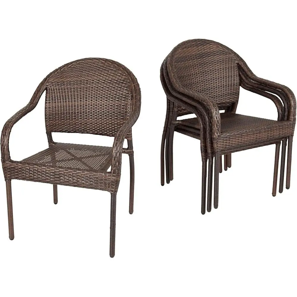 63490 Rhodos Cafe Stacking Chairs in Mocha All Weather Wicker Construction No Assembly Lightweight Indoor & Outdoor Set of 4 3