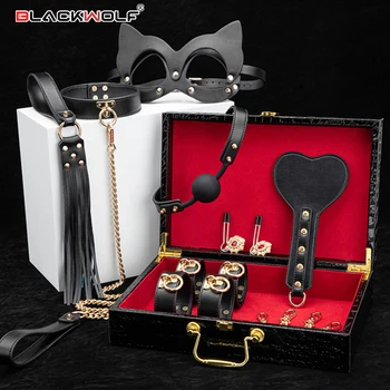 Erotic Bed Bondage Kits Slave Restraint Bondage Set PU leather Handcuffs Collar Gag Whip Adult Sex Toys For Women Couples 1