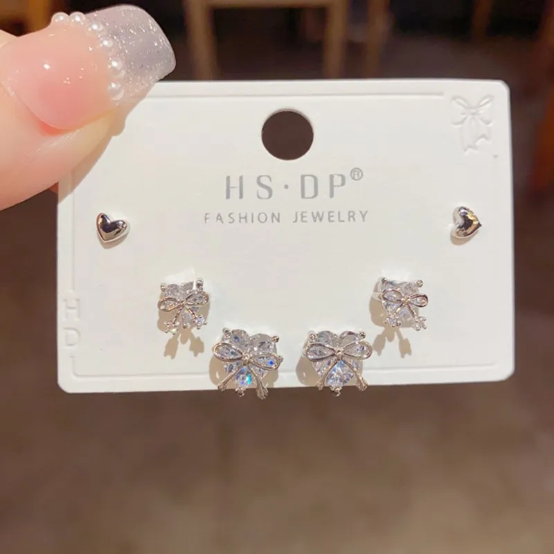 6Pcs/set Bowknot Heart Zircon Stud Earring Sets for Women Exquisite Daily Match Stackable Stud Earrings Gifts