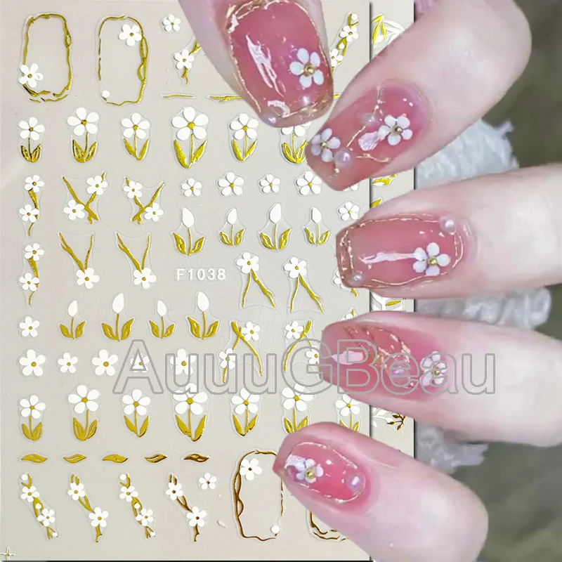 

3d Nail Art Golden Lines Gold Leaves White Flowers Adhesive Sliders Nails Stickers Accessories For Decorations Tips Beauty