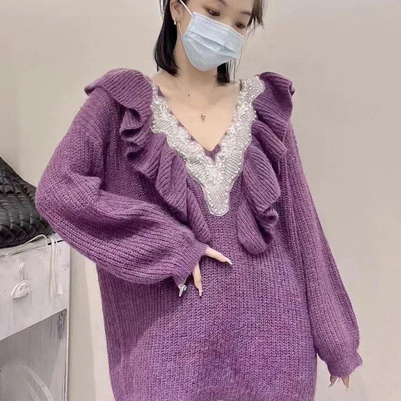 

Осень-зима 2022, Новые Вязаные Пуловеры с V-образным вырезом, женские свитера с украшением, женские вязаные топы