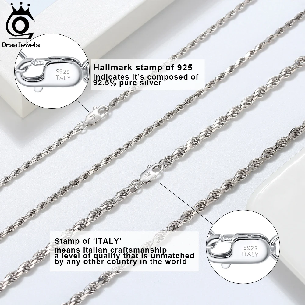 ORSA JEWELS Genuine 925 Sterling Silver Rope Chain Necklace