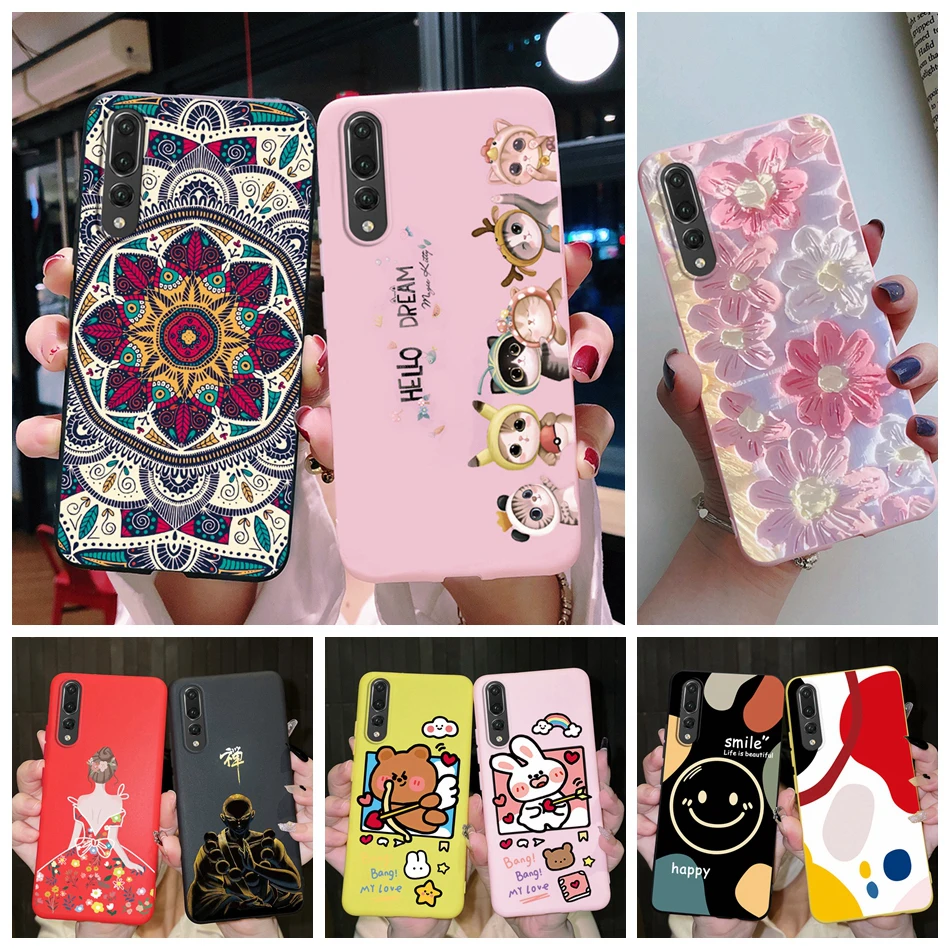 Étui en silicone souple pour Huawei P20 Pro, housse de téléphone, chat mignon, dessin animé, fleur, 256