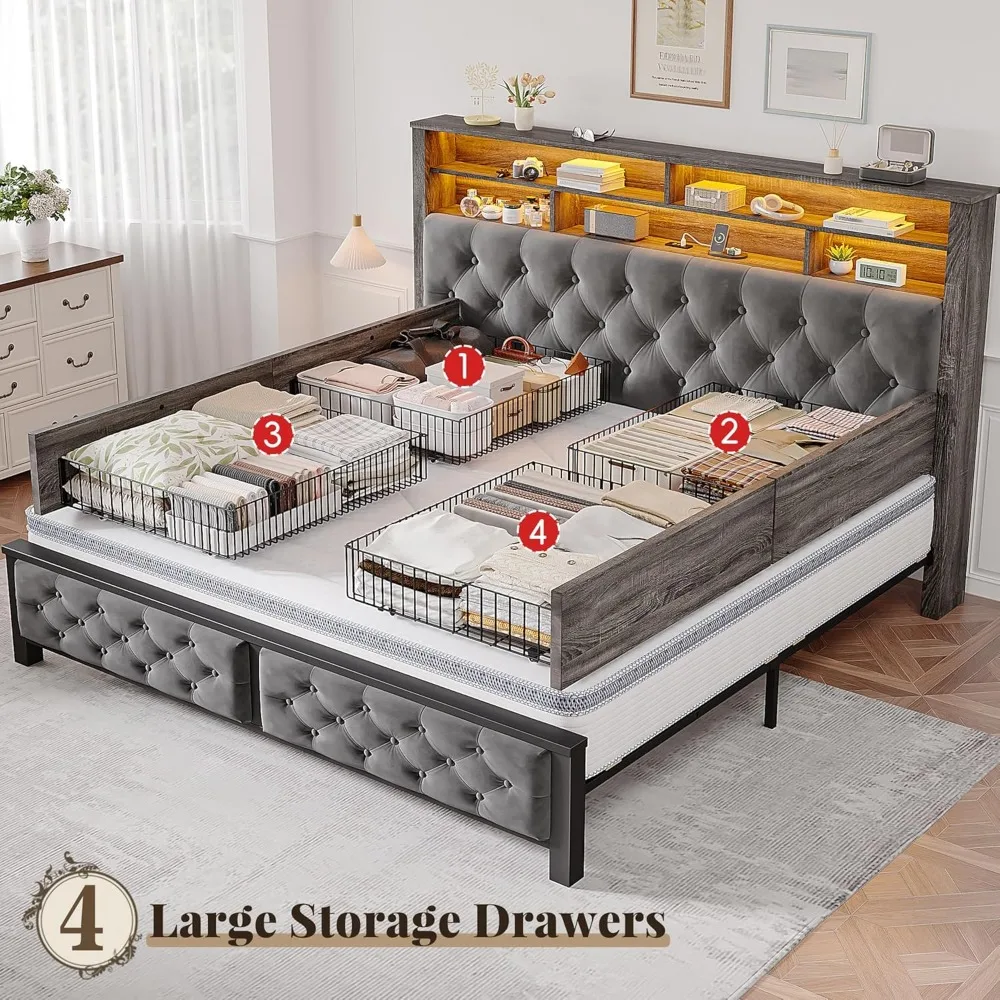 Queen Size Bed Frame with Storage Headboard and 4 Storage Drawers, Velvet Led Queen Size Bed Frame with Charging Station 4