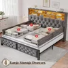 Queen Size Bed Frame with Storage Headboard and 4 Storage Drawers, Velvet Led Queen Size Bed Frame with Charging Station 4