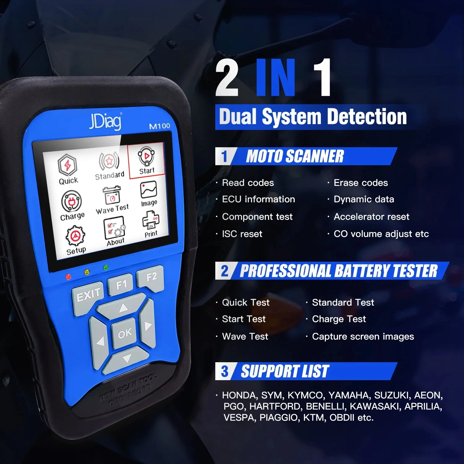 Scanner diagnostico per moto JDiag M100, strumento diagnostico per guasti moto, lettore di codici per KTM Yamaha Kawasaki Suzuki Honda - Image 2