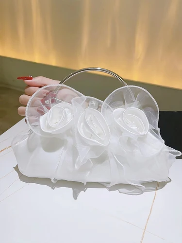 신부 꽃잎 클러치 신부 핸드백, 이브닝 백 새틴 로즈 우아한 지갑 신부 들러리 웨딩 파티 포멀 화이트 핸들 백 2
