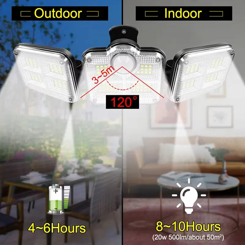 20w Solar Light 122/333led IP65 Waterproof Outdoor Indoor Solar Garden Lamp With Adjustable Head Wide Lighting Angle With 3 Mode 5