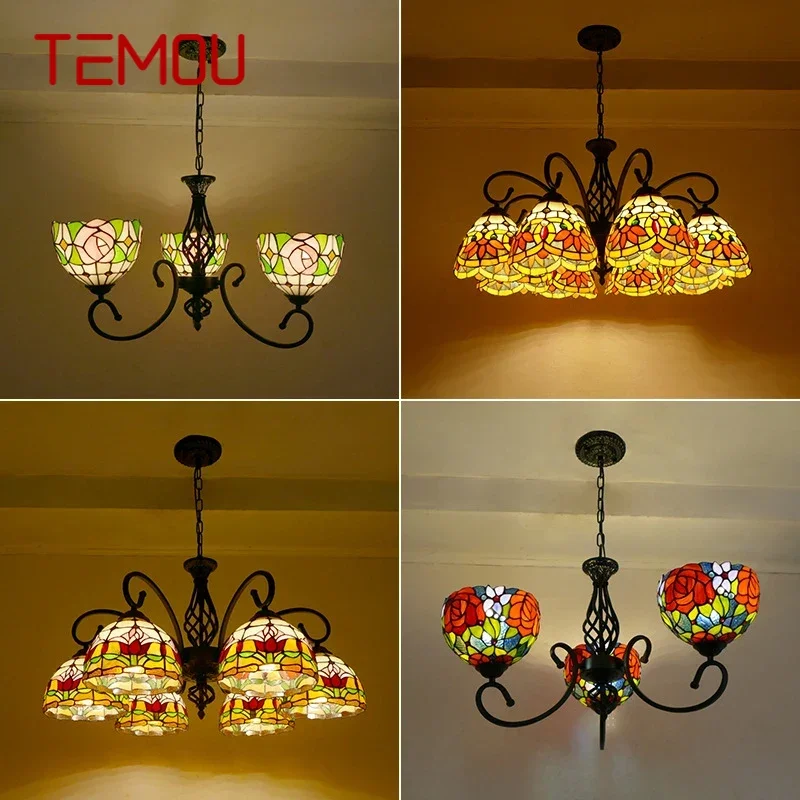 

TEMOU Tiffany European Living Room PendantLamp Vintage Creative Color Glass restaurant Bedroom Hotel Chandelier