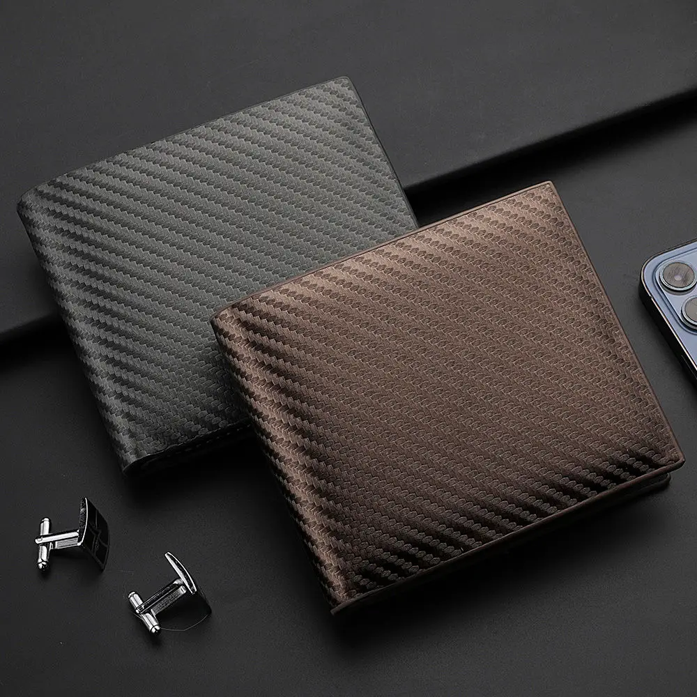 New Black Carbon Fiber Men's Luxury Wallet Leather Original High-end Folding Card Wallet Coin Purse Personalized Birthday Gift