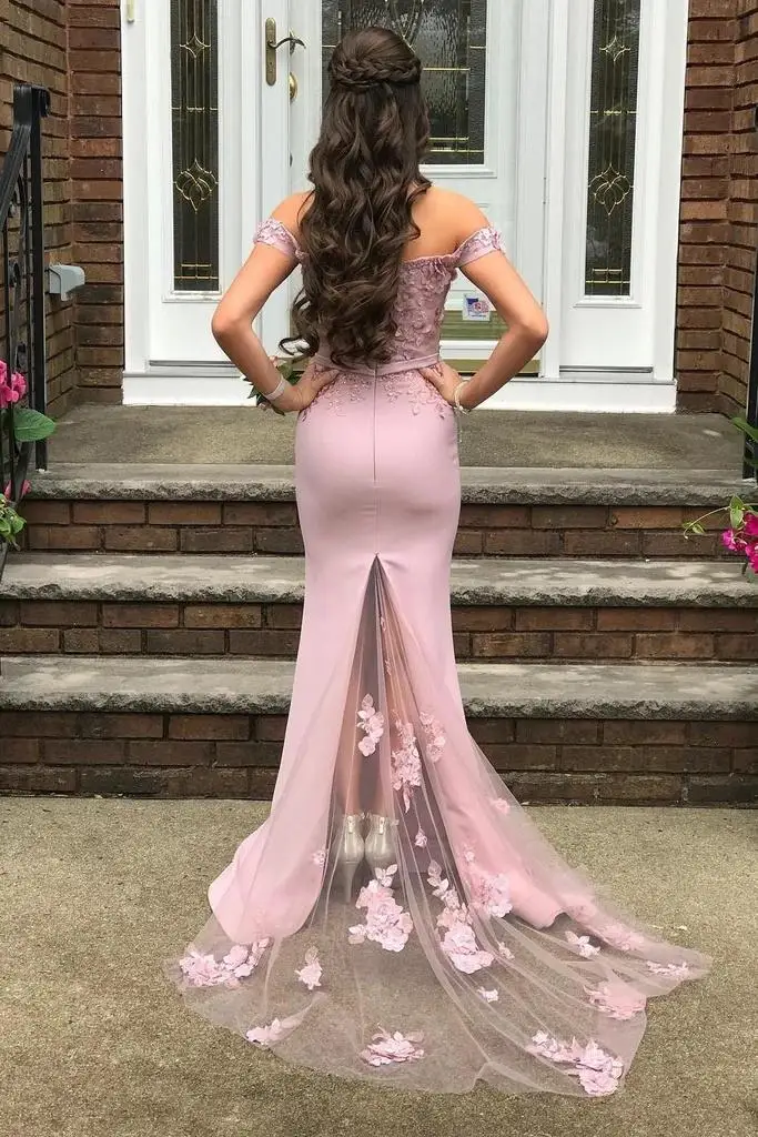 Mermaid Off The Shoulder Long Prom Dresses Appliques Tulle Sweep Train Party Gowns Elegant Pink Reobes De Cock Tail High Quality long sleeve prom dresses