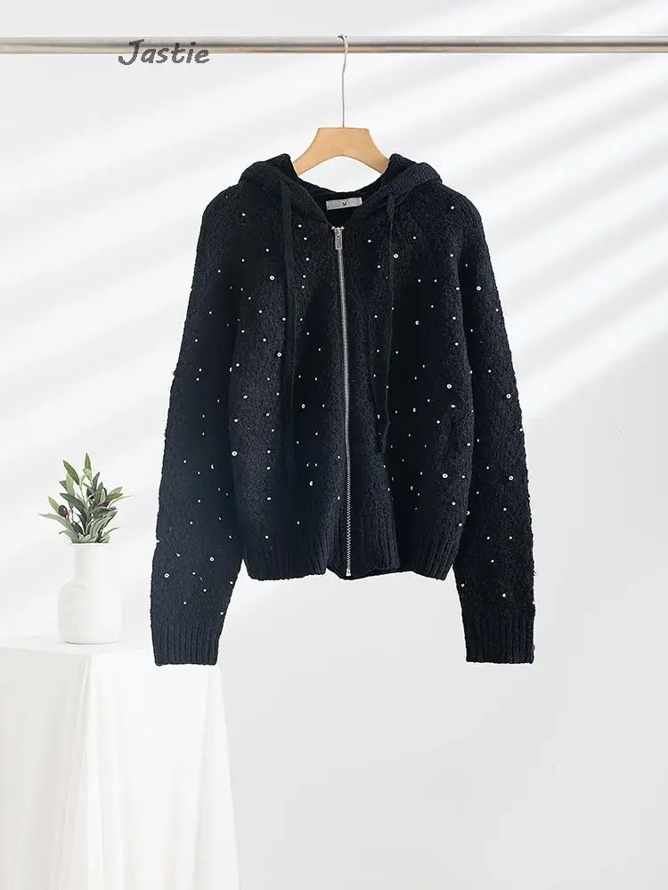 

Beaded Hooded Knitted Sweater Cardigan Zipper Long Sleeve Casual High Street Fashion Sweater Jacket Winter 2023 Women Clothing