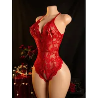 Sous-vêtements en dentelle à entrejambe ouvert pour femmes, soutien-gorge une pièce, culotte, Costumes érotiques sans entrejambe, costume de corps rouge chaud, perle, grande taille, string Sexy 5