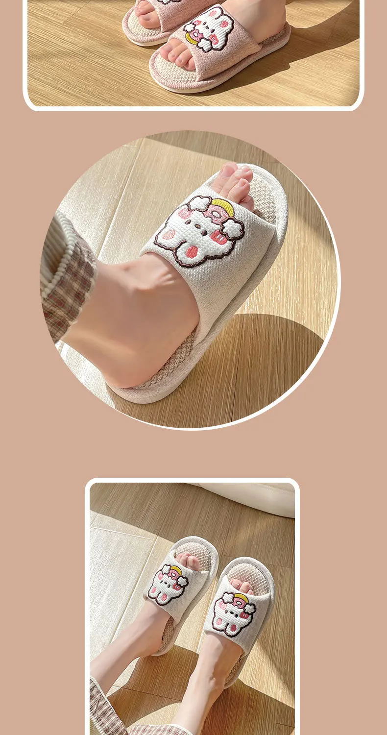 Comwarm Niedliche Cartoon-Hausschuhe für Damen, Sommer, Leinen, Damen-Hausschuhe, Herren, flache Flip-Flops, für den Innenbereich, rutschfeste Baumwoll-Hausschuhe – Detail 3