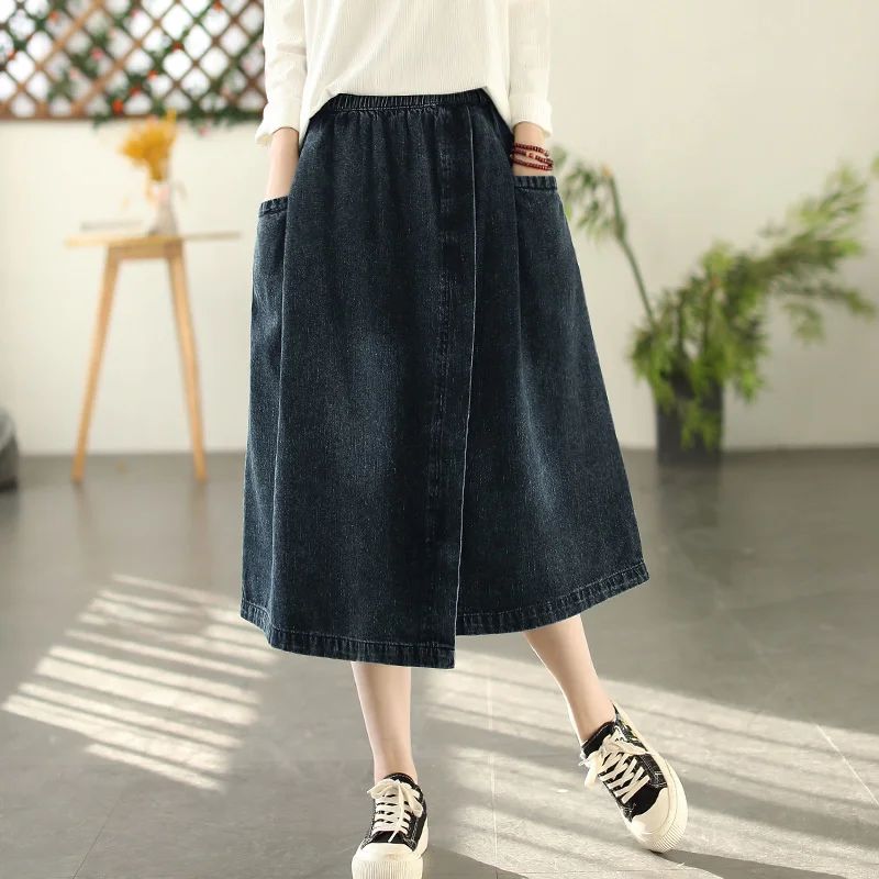 

NINI WONDERLAND 2023 Spring Cotton Denim Skirt Women's Split Irregular Casual Skirt Summer Elast Waist Vintage Skirts