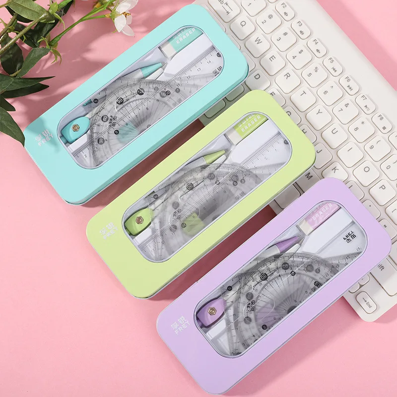 Fu Rui iron box for students exam stationery drawing set compass ruler triangle ruler student drawing 7 pieces