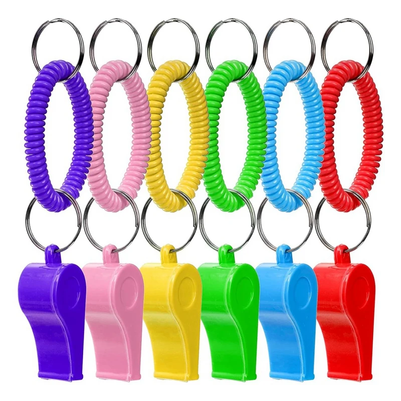 Pack Of 30 Plastic Sport Whistles With Coil Wrist Bracelet Attachments, Keychain Rings For Coaching And Officiating Duties.