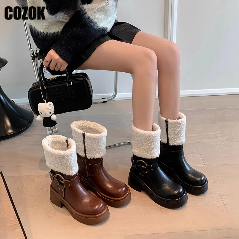 

Thick Sole Women's Snow Boot 2023 New Warm Winter Female Mid Heel Belt Buckle Ankle Boot Ladies Fashion Shoes Short Plush Zipper