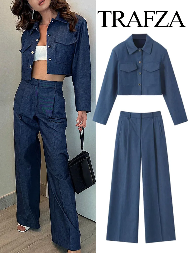 

TRAFZA 2023 Autumn Fashion Women Front Pleats High Waist Pants+Female Solid Long Sleeve Lapel Vintage Short Coat 2 Piece Set