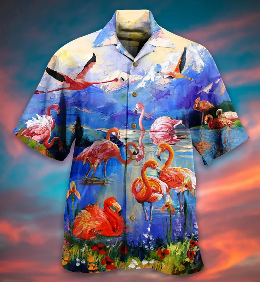 Summer Hawaiian Shirt for Men Hot Sale Funny 3D Cartoon Flamingo Men's Shirt Beach Oversized Men Fashion Short Sleeve Clothing