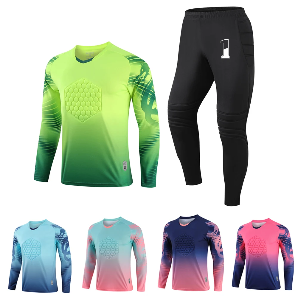 

Men Football Goalkeeper Uniforms Suit, Adult Kids Soccer Jerseys Sets Long Sleeve Protective Sponge Soccer Shirt Pants Sports