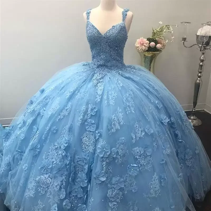 

ANGELSBRIDEP Straps Sweet 16 Princess Quinceanera Dresses 3D Lace Appliques Light Sky Blue Ball Gowns Vestidos De 15 Años