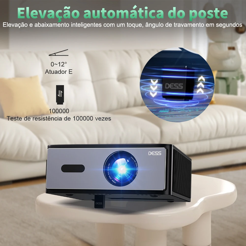 Projetor DESS Full HD 1080P Vídeo 4K Dual WiFi6 Autofoco Correção Keystone Espelhamento Android Projetor 3D Home Theater Cinema