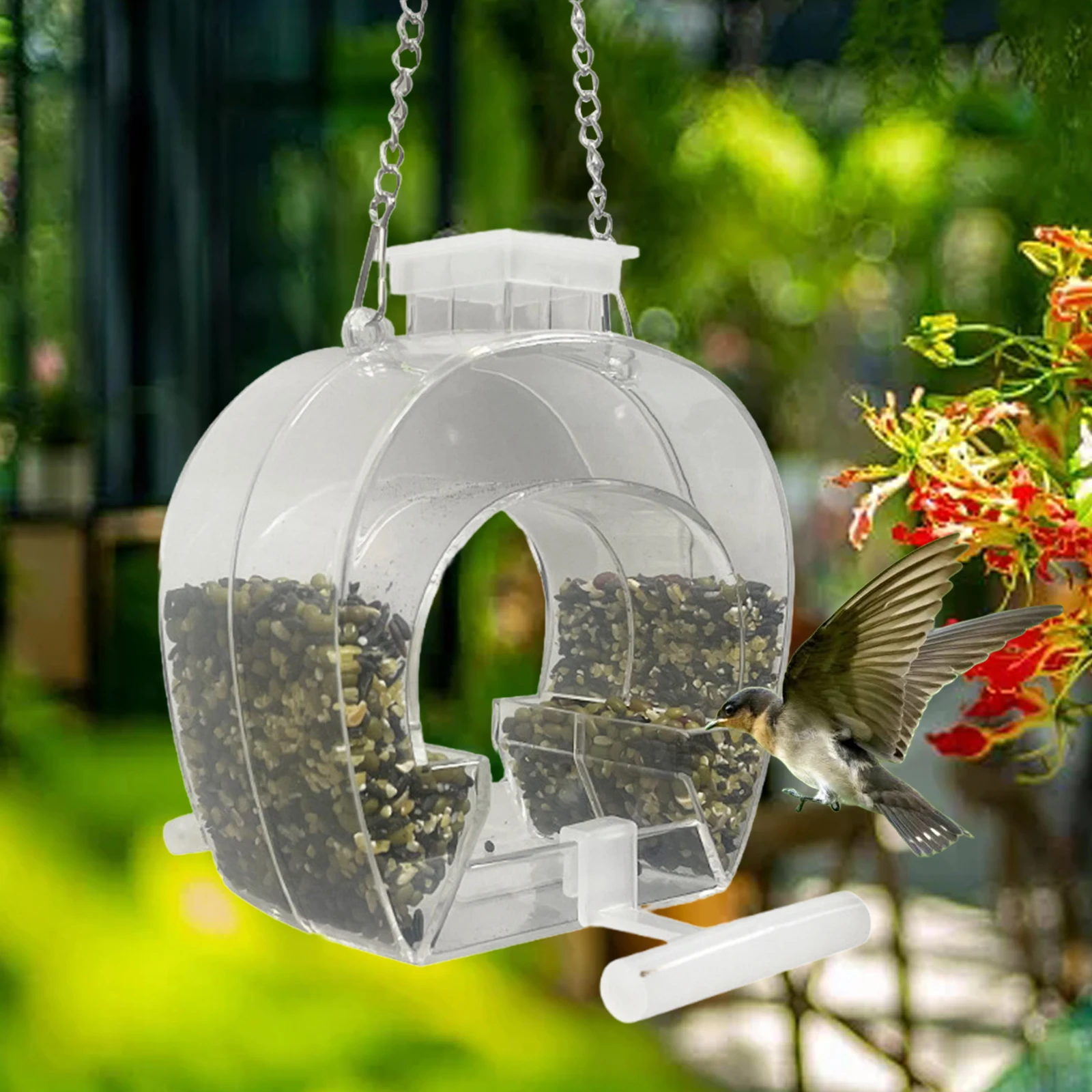 Acrylic Hanging Bird Feeder with Perch Clear with Hanging Chain Birdhouse Food Bowl Bird Feeding for Garden Outdoor Yard Balcony