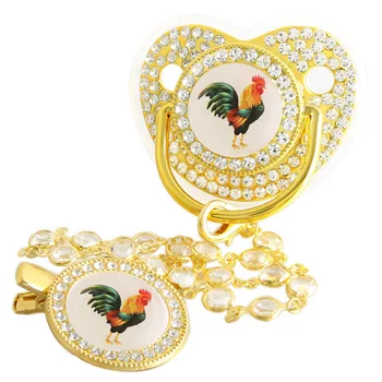 Bling Bling Rooster Pacifier With Gem Luxury Weaning Pacifier Baby Nipple With Chain Clip  Newborn Prince Baby Dummy Soother