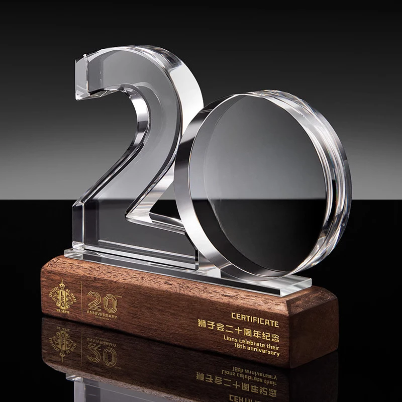 Customized Digital Year Anniversary Solid Wood Base Crystal Trophy, Company Annual Meeting Award Commemorations, Home Decor, 1Pc