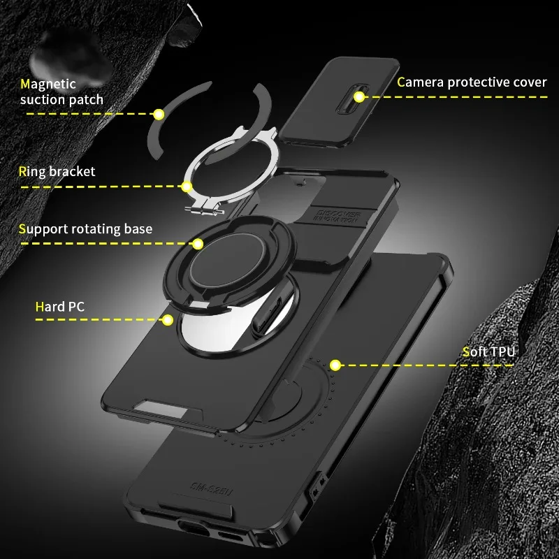 Magnetic Ring Stand Phone Case with Slide Camera Lens Cover and Fall Protection Frame