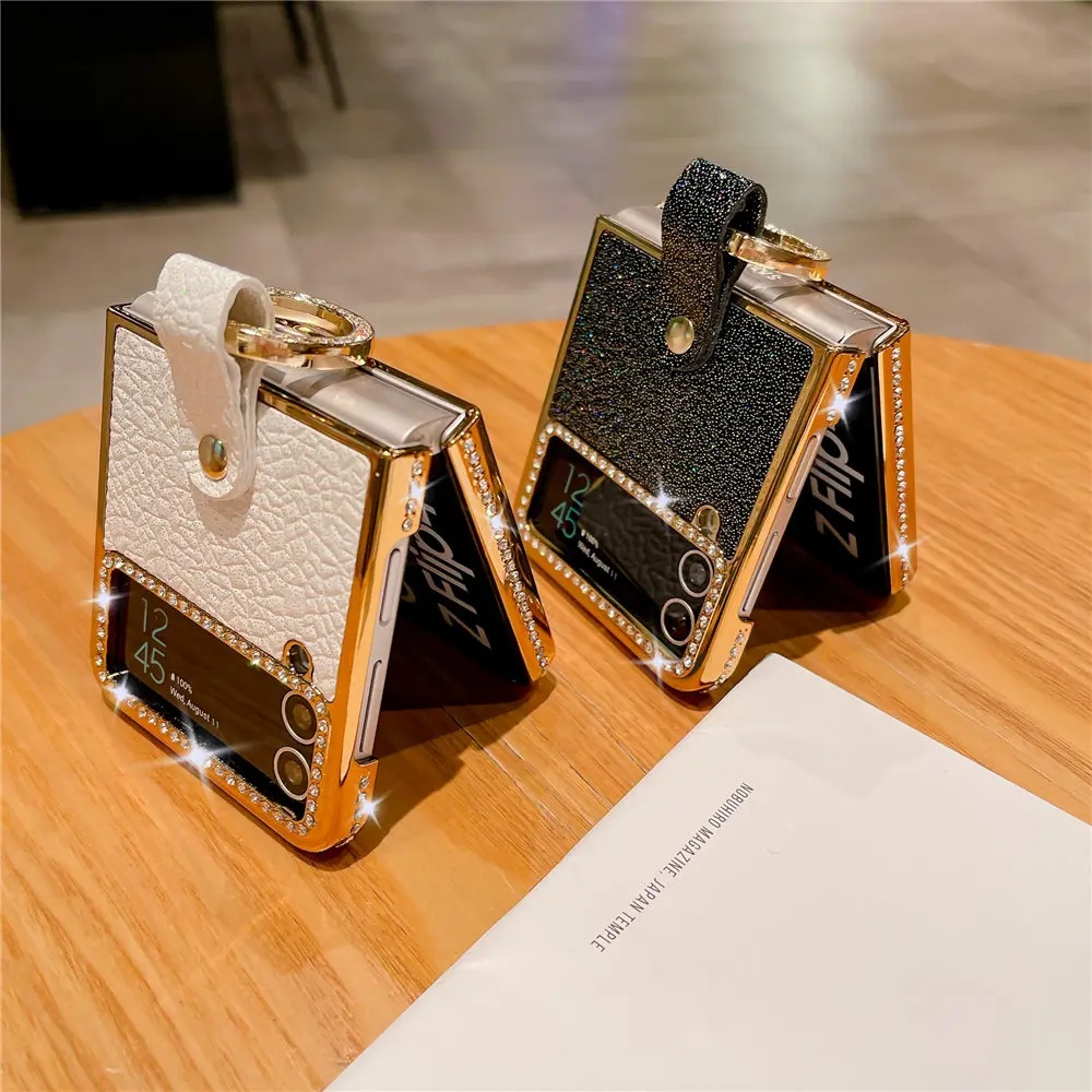 Luxury Bling Diamond PU Leather Plating Case with Ring Holder - Shockproof Cover