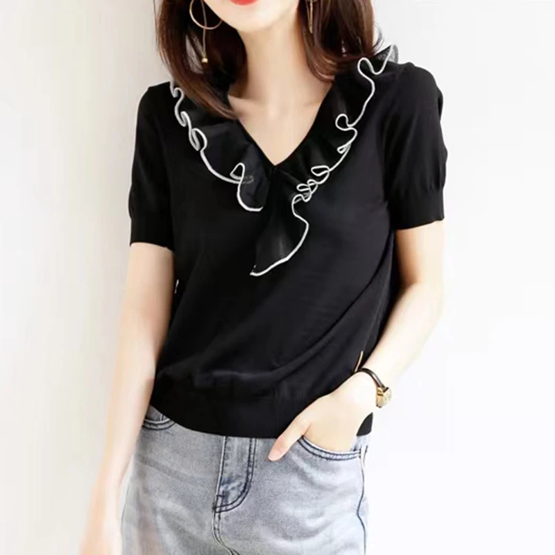 

White Black T Shirt Women Knitted Tops Short Sleeve Loose Tshirts Female V Neck Tees 2023 Summer Korean Fashion Womens Clothing