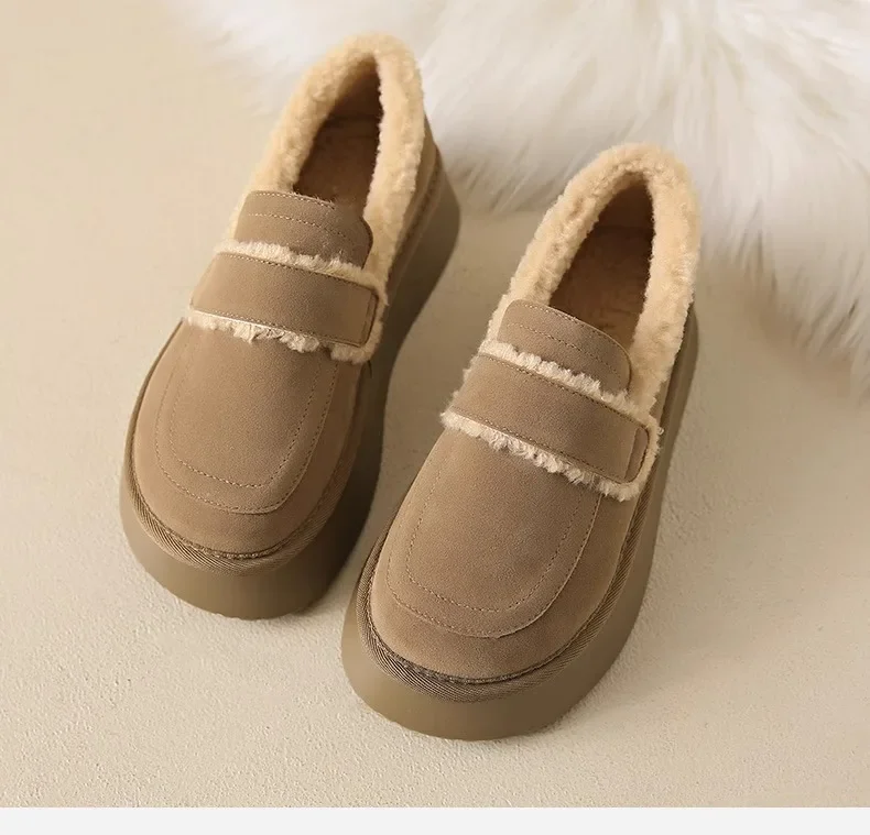 Women's Thick Soled Snow Boots Autumn Winter Plush Boken Shoes Retro Height Increasing Warm Anti Slip Cotton Shoes Loafers