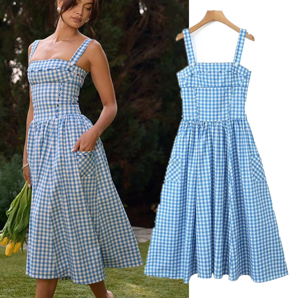 

Jenny&Dave French Elegant Fashion Vintage Slim Fit Sexy Summer Dress Girls Blue Plaid Sleeveless Tank Dress Women